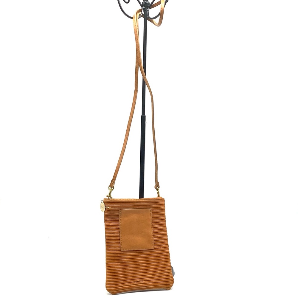 CLARE V. POCHE TAN SUEDE RIBBED LEATHER CELL PHONE CROSSBODY POUCH GOLD BAG SM